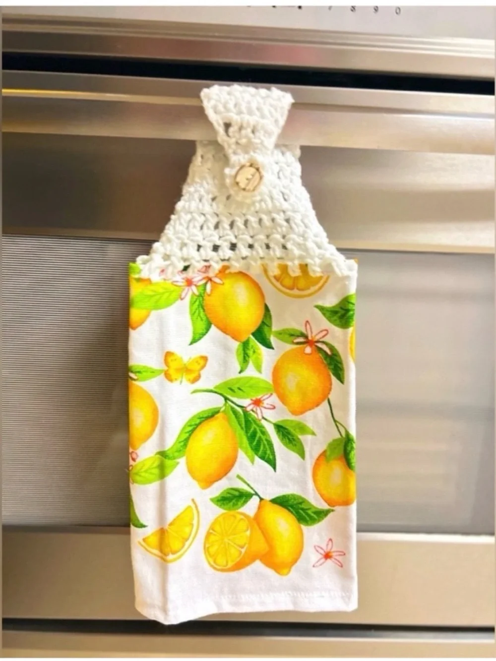 Hand Crafted Lemon Print Hanging Kitchen Towel - White, Yellow, Green